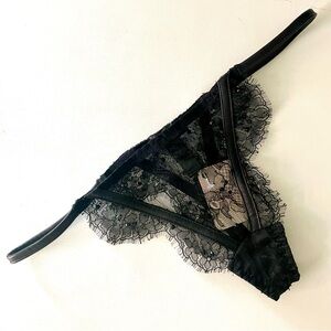 NWT Agent Provocateur Soirée Black Lace Thong with Leather and Rhinestone Detail